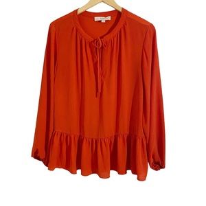 Loft Orange Red Tie Front Peasant Blouse With Ruffle Peplum Hem, Size Large